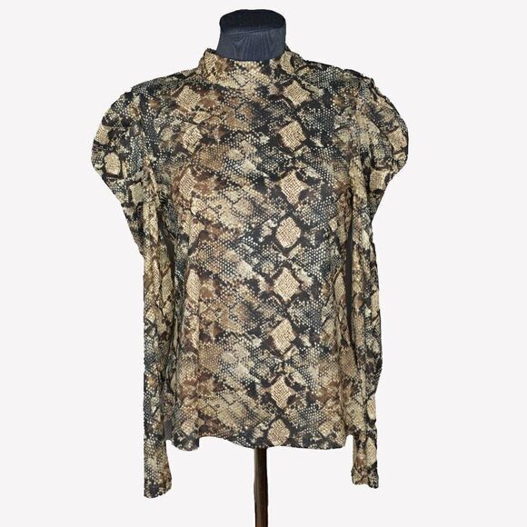 WAYF Second Skin Snake Print Puff Sleeve Mock Neck Top Sz M - Picture 2 of 6